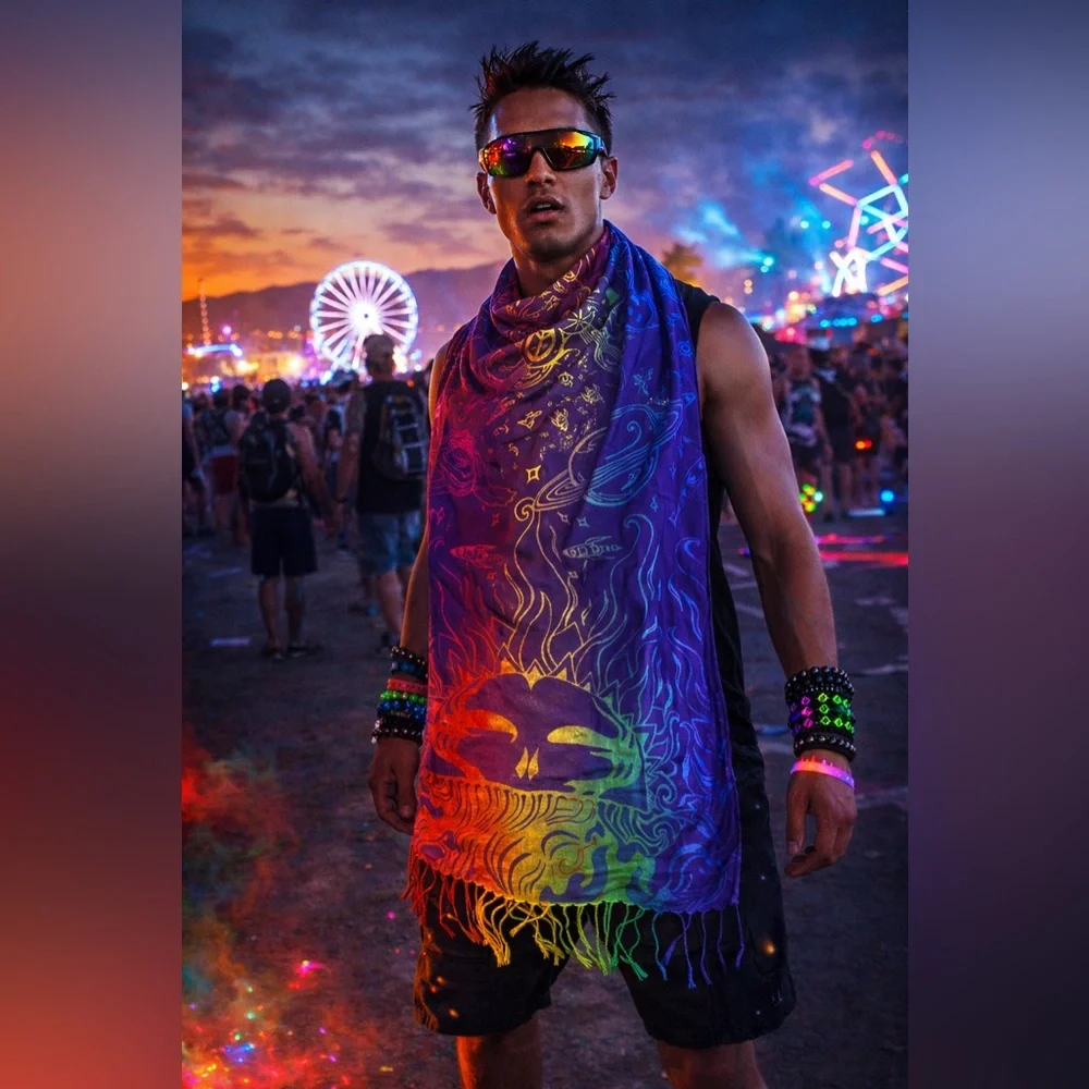 Festival Core Pashmina Scarf Celestial Rave Burner Psychedelic Fringe Wrap